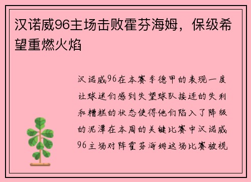 汉诺威96主场击败霍芬海姆，保级希望重燃火焰
